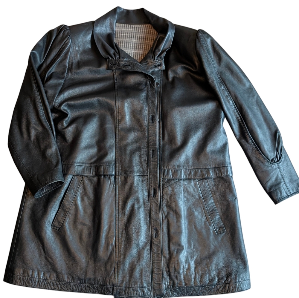 Women's Black Leather Mini Trench Coat